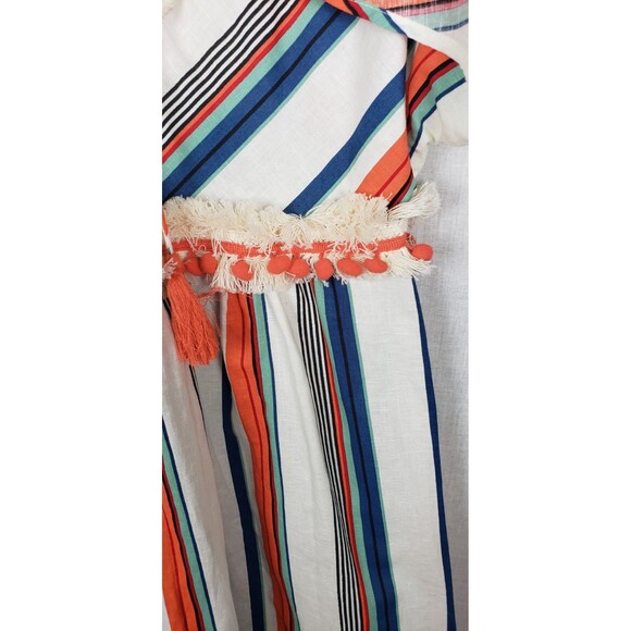 Moon River Dress M Multicolor Midi Striped Split Sleeves Fringe Trim Linen Blend - Picture 3 of 7
